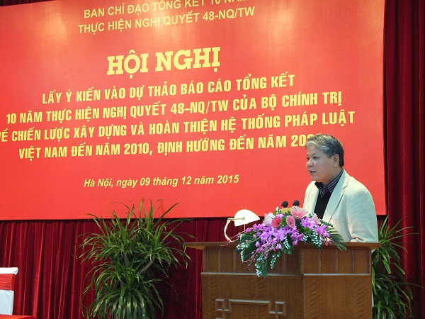Đồng chí Hà Hùng Cường, Ủy viên Trung ương Đảng, Bộ trưởng Bộ Tư pháp, Ủy viên thường trực Ban Chỉ đạo tổng kết Nghị quyết số 48-NQ/TW phát biểu khai mạc Hội nghị