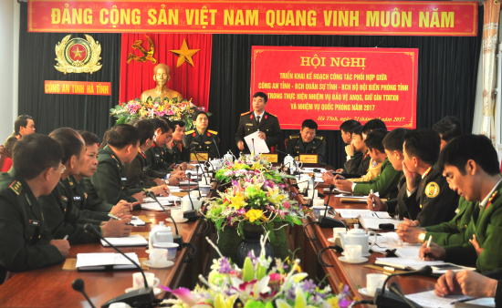 Hội nghị triển khai kế hoạch công tác phối hợp trong thực hiện nhiệm vụ bảo vệ an ninh quốc gia, giữ gìn trật tự an toàn xã hội và nhiệm vụ quốc phòng năm 2017 giữa Công an, Bộ Chỉ huy Quân sự và Bộ Chỉ huy Bộ đội Biên phòng tỉnh Hà Tĩnh (tháng 2-2017) 