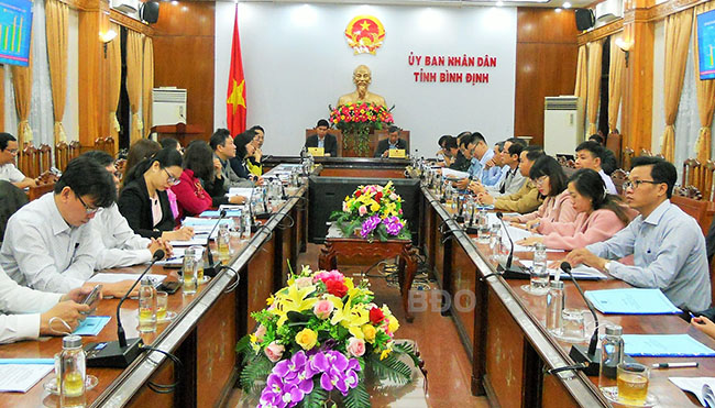 Các đại biểu dự Hội nghị trực tuyến triển khai công tác tư pháp năm 2021, định hướng nhiệm kỳ 2021 - 2025 điểm cầu Bình Định