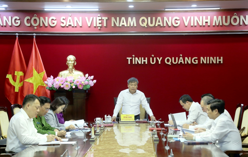Đồng chí Vũ Đại Thắng, Ủy viên Trung ương Đảng, Bí thư Tỉnh ủy, Trưởng Ban Chỉ đạo phát biểu tại Cuộc họp