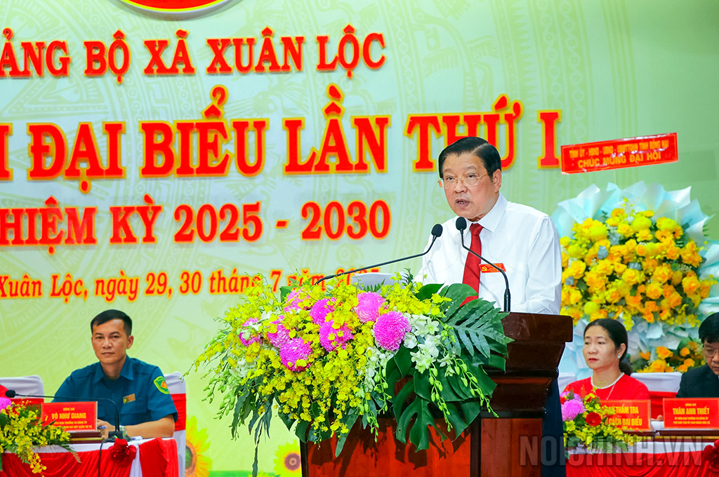 Đồng chí Phan Đình Trạc, Ủy viên Bộ Chính trị, Bí thư Trung ương Đảng, Trưởng Ban Nội chính Trung ương phát biểu tại Đại hội